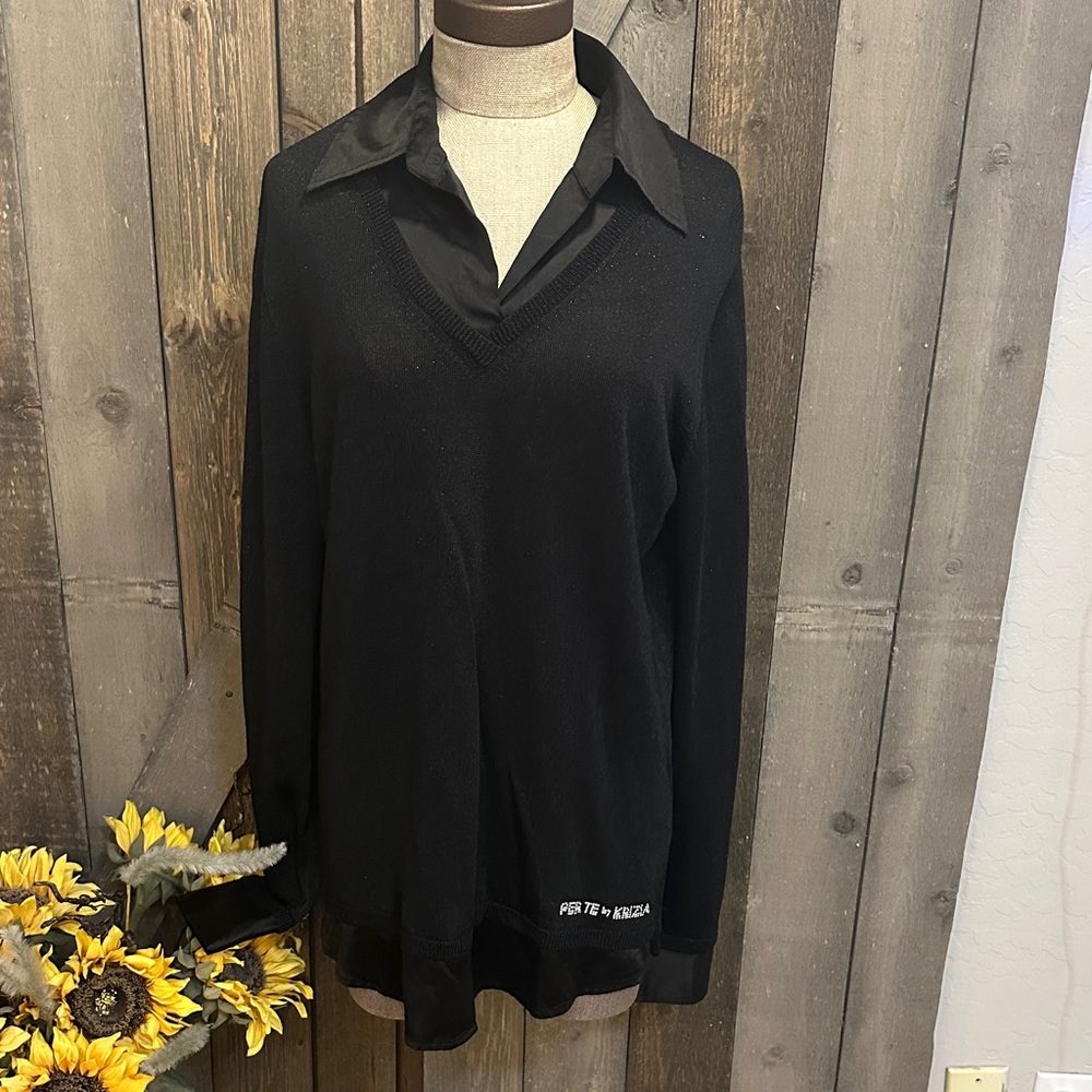 Per Te by Krizia Black Shimmer Long Sleeve Sweater Holiday Office Preppy Medium